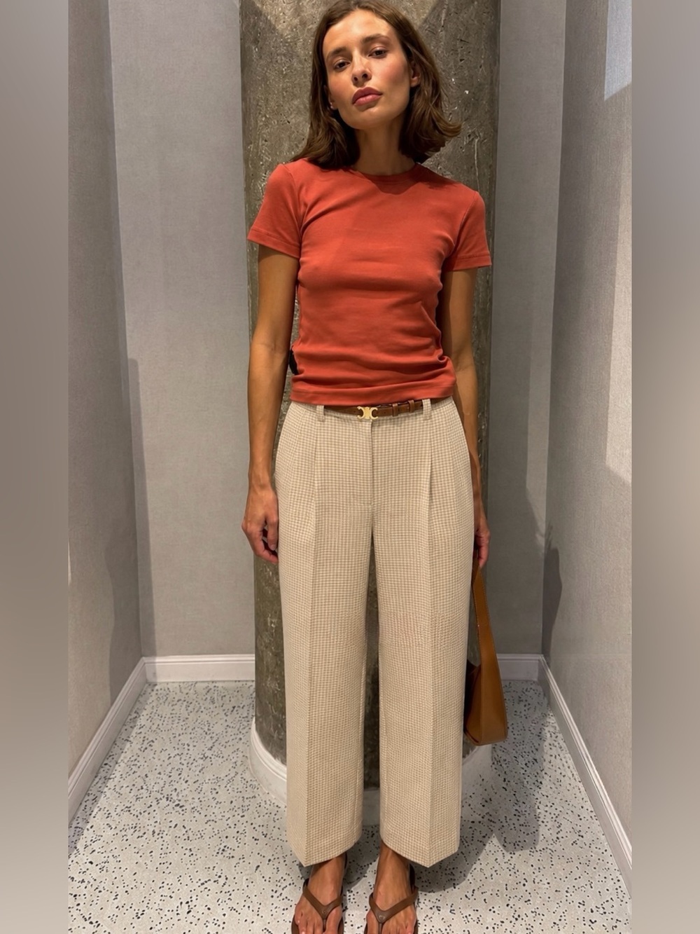 Aritzia Wilfred Effortless Cropped Wide Leg Pants Beige Plaid Size 0 - Picture 1 of 12